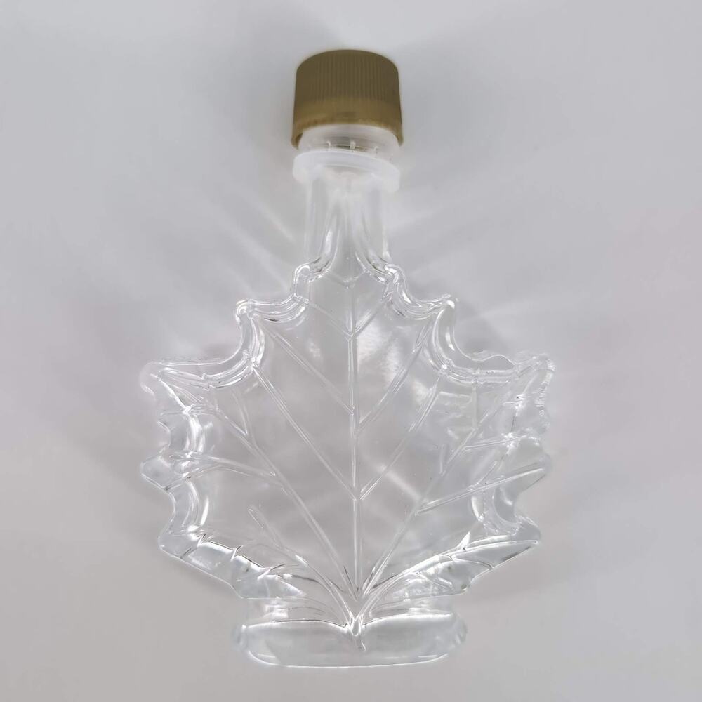 Maple Leaf Shape Empty Clear Glass Syrup Bottle w/Top Cap Lid Front Embossed Jar